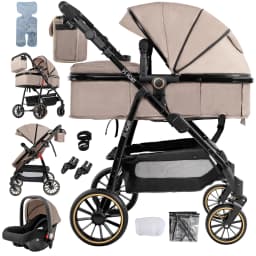 Portable 3 in 1 Baby Stroller Travel System Convertible Lightweight Infant Pram Carriage with Safety Seat Durable Frame Shock Absorbing Wheels Lightweight Pushchair Cart