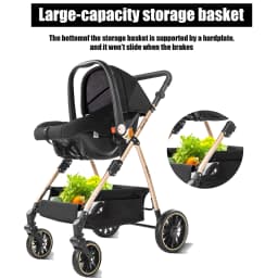 Portable 3 in 1 Baby Stroller Travel System Convertible Lightweight Infant Pram Carriage with Safety Seat Durable Frame Shock Absorbing Wheels Lightweight Pushchair Cart
