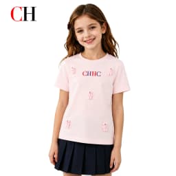 CH Girls Pink Short Sleeve T-shirt 3D Bear Doll CHHC Letter Embroidery Round Neck Casual Summer Kids Cute Daily Tops