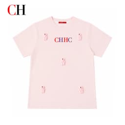 CH Girls Pink Short Sleeve T-shirt 3D Bear Doll CHHC Letter Embroidery Round Neck Casual Summer Kids Cute Daily Tops