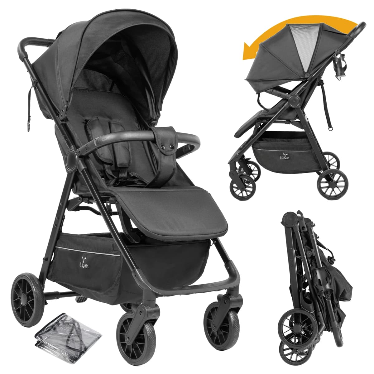 Portable 3 in 1 Baby Pram Stroller Pushchair Compact Fold Lightweight Baby Carriage Reversible Seat Shock Absorbing Wheels Adjustable Backrest Sun Canopy Spacious Storage Basket for Newborn and Growing Baby