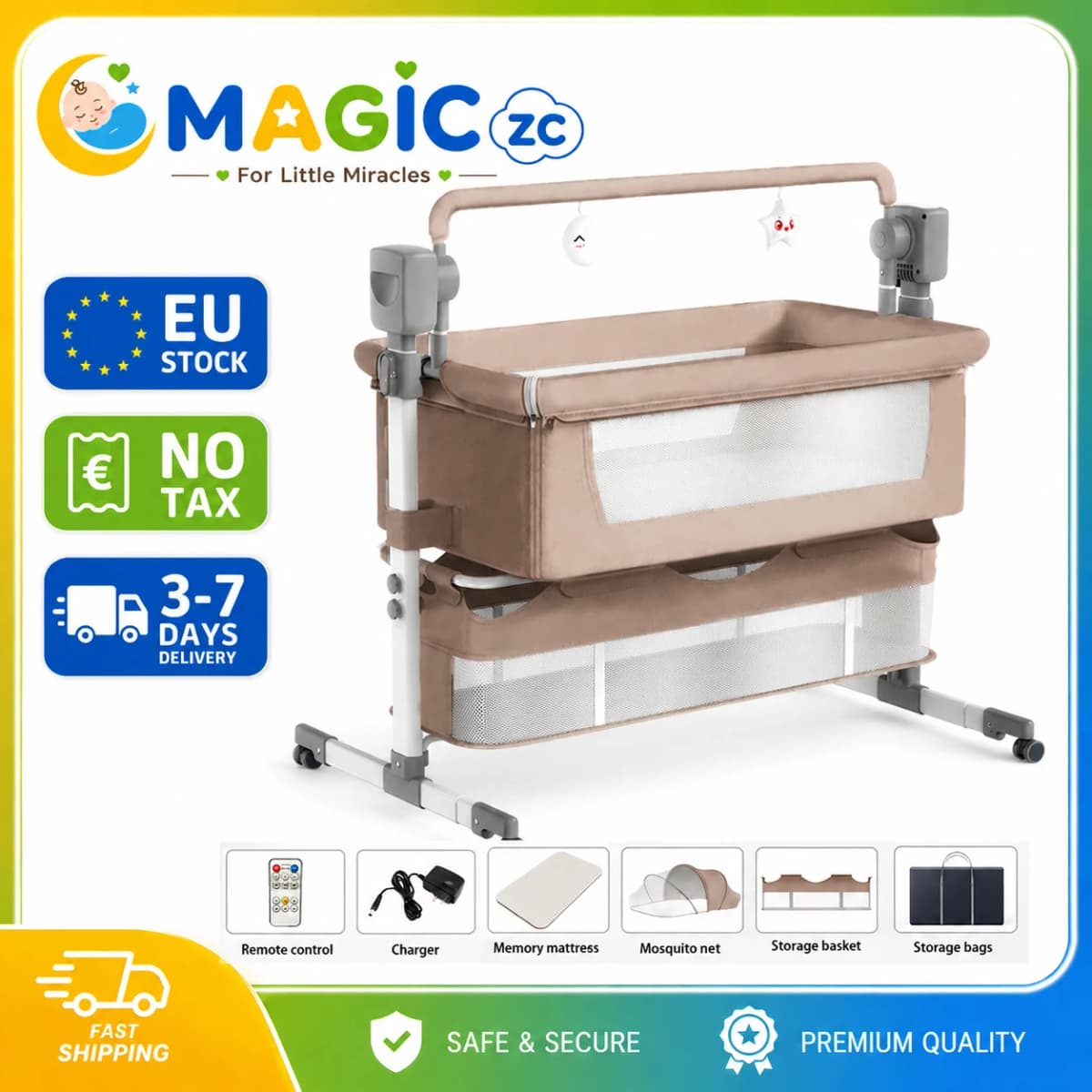Electric Baby Cradle Automatic Rocking with Five Speed Motion Remote Control Music Timer Bedside Bassinet Baby Crib Height Adjustable with Breathable Mesh Mattress Large Storage Basket Wheels and Mosquito Net for Newborn Infants
