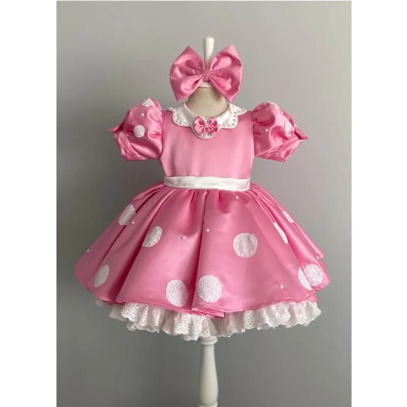 Summer Pink Satin Baby Girl Lolita Princess Dress With Bow Headband Toddler 1st Birthday Outfit Kids Photoshoot Party B642