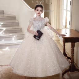 Children Girls Formal Performance Flower Girl Wedding Princess Gown Long Dress Kids Champagne Elegant Host Birthday Party Piano