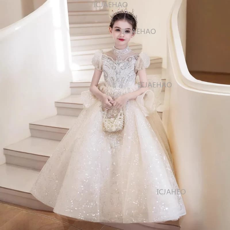 Children Girls Formal Performance Flower Girl Wedding Princess Gown Long Dress Kids Champagne Elegant Host Birthday Party Piano