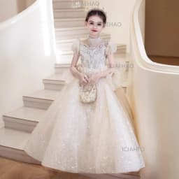 Children Girls Formal Performance Flower Girl Wedding Princess Gown Long Dress Kids Champagne Elegant Host Birthday Party Piano