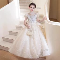 Children Girls Formal Performance Flower Girl Wedding Princess Gown Long Dress Kids Champagne Elegant Host Birthday Party Piano