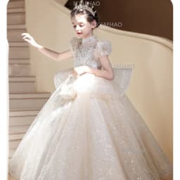Children Girls Formal Performance Flower Girl Wedding Princess Gown Long Dress Kids Champagne Elegant Host Birthday Party Piano