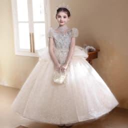 Children Girls Formal Performance Flower Girl Wedding Princess Gown Long Dress Kids Champagne Elegant Host Birthday Party Piano