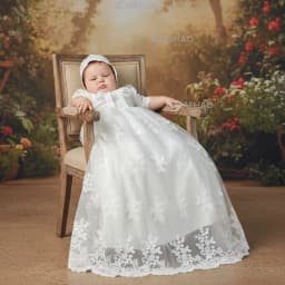 Baby Kids First Birthday Hundred Days Piece Set Party Banquet Costume Christening Gown Children White Long Lace Dress Hat Two