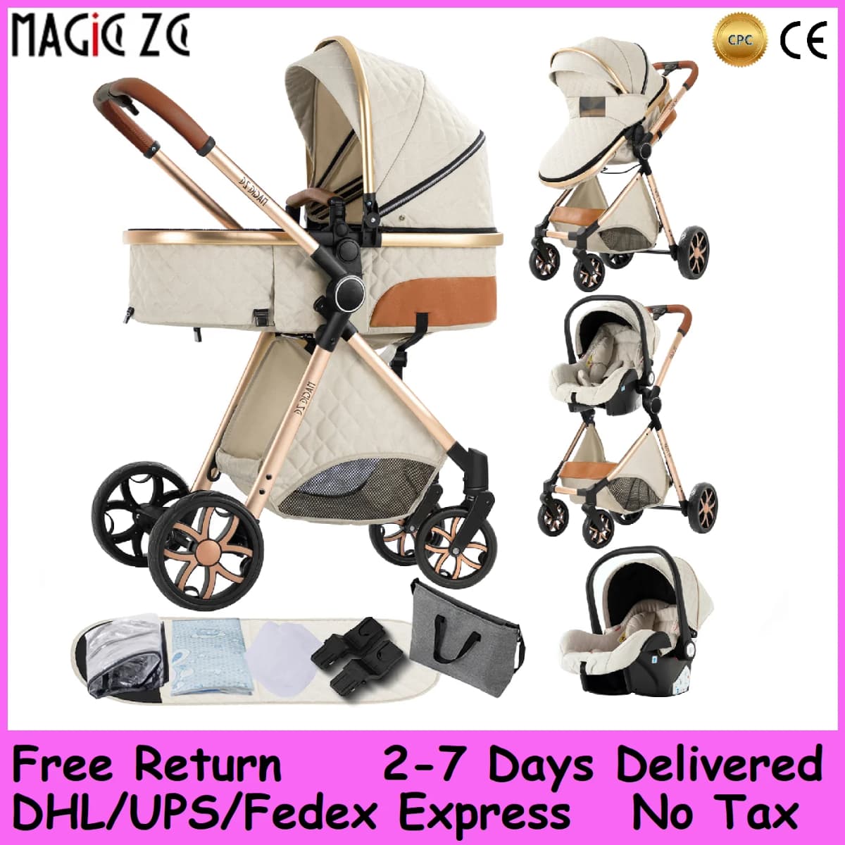 3 in 1 Convertible Baby Stroller with Car Seat & 6 Accessories - High Landscape Reversible Pram, One-Hand Foldable Infant Carriage, 105°-180° Reclining Bassinet Stroller with Rain Cover, Mosquito Net & Mommy Bag for 0-4 Years