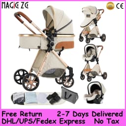 3 in 1 Convertible Baby Stroller with Car Seat & 6 Accessories - High Landscape Reversible Pram, One-Hand Foldable Infant Carriage, 105°-180° Reclining Bassinet Stroller with Rain Cover, Mosquito Net & Mommy Bag for 0-4 Years