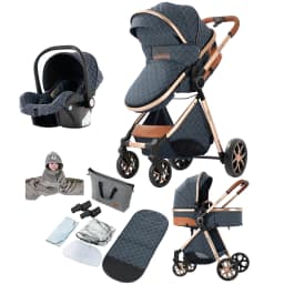 3 in 1 Convertible Baby Stroller with Car Seat & 6 Accessories - High Landscape Reversible Pram, One-Hand Foldable Infant Carriage, 105°-180° Reclining Bassinet Stroller with Rain Cover, Mosquito Net & Mommy Bag for 0-4 Years