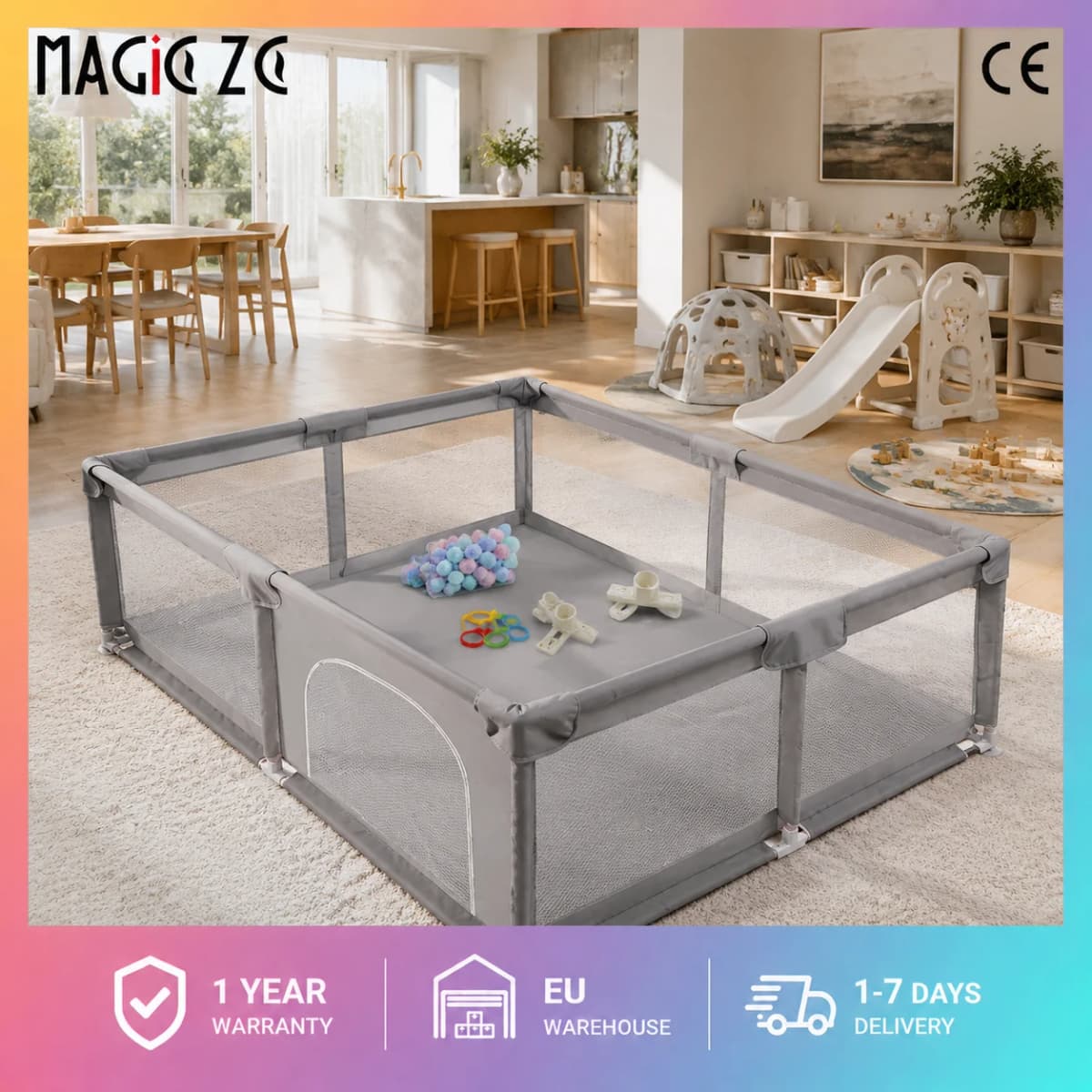 Large Baby Playpen Extra Large Safety Playpen for Toddlers Thickened Stainless Steel Frame Corner Sponge Protection Breathing Mesh Zipper Door Baby Activity Center Indoor Playground Safety Gate