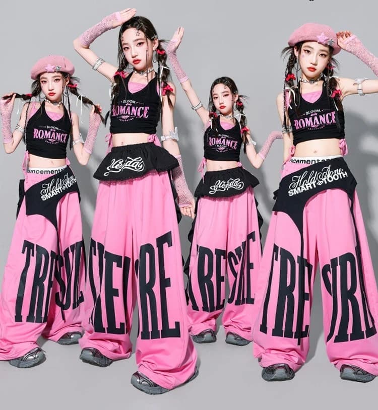 Girls K-pop Crop Tank Top Sweet Letters Loose Pants Children Hip Hop Streetwear Clothes Sets Kids Stage Girl Group Jazz Costume