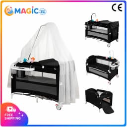 Newborn Baby Crib Portable Baby Crib Foldable Baby Bed Baby Cot Baby Bed Travel Cot Baby Playard Baby Bassinet Cradle for Newborns Cribs for Baby Nursery Center Baby Cot Bed, One-Touch Fold 3-Level Height Mesh Changing Station Storage Wheels