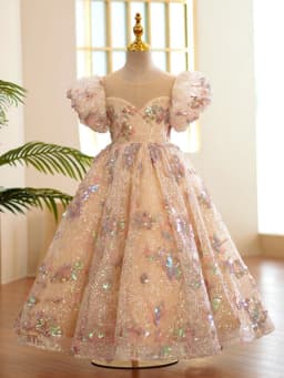 Sequined Puff Sleeve Flower Girls Dresses For Wedding Customized Cute O-neck Princess Gown Birthday Party Piano Performance