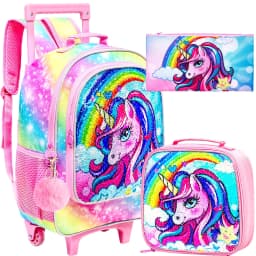 3PCS Rolling Backpack for Girls and Boys, Kids Unicorn Dinosaur Wheeled Bookbag