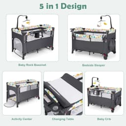 DORTALA 5-in-1 Baby Bassinet Bedside Sleeper Portable Pack and Play-Grey
