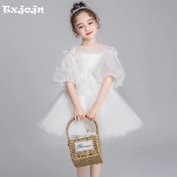 Charming Lace Appliques 3D Flower Girls Dresses For Wedding Party Exquisite Sequined Pearls Full Sleeve Kids Princess Gown