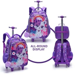 3PCS Set Rolling Backpack For Girls, Cute Cartoon Cat Sequin Wheeled Bookbag For Elementary Students, With Lunch Box And Pen Bag