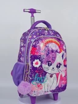 3PCS Set Rolling Backpack For Girls, Cute Cartoon Cat Sequin Wheeled Bookbag For Elementary Students, With Lunch Box And Pen Bag