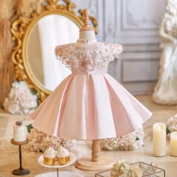 2025 New Children Satin Pink Princess Ball Gown Girls Cute Birthday Baptism Wedding Party Dress g227