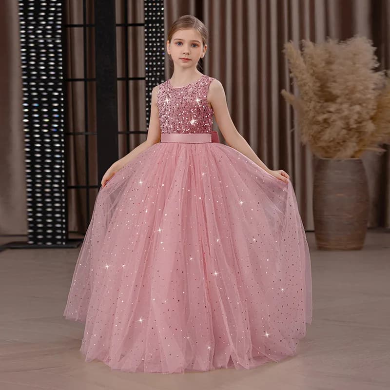 Girls' Long Sparkly Princess Dress – Full Tulle Skirt with Sequin Bodice & Bow, Elegant Flower Girl & Recital Gown for Birthdays