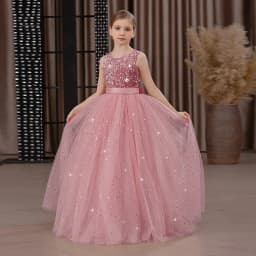 Girls' Long Sparkly Princess Dress – Full Tulle Skirt with Sequin Bodice & Bow, Elegant Flower Girl & Recital Gown for Birthdays