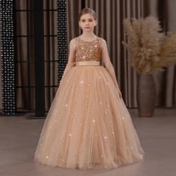 Girls' Long Sparkly Princess Dress – Full Tulle Skirt with Sequin Bodice & Bow, Elegant Flower Girl & Recital Gown for Birthdays