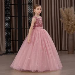 Girls' Long Sparkly Princess Dress – Full Tulle Skirt with Sequin Bodice & Bow, Elegant Flower Girl & Recital Gown for Birthdays