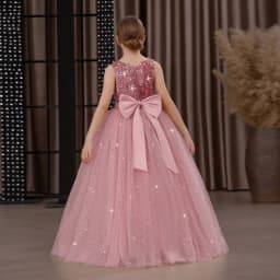 Girls' Long Sparkly Princess Dress – Full Tulle Skirt with Sequin Bodice & Bow, Elegant Flower Girl & Recital Gown for Birthdays
