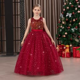 Girls' Long Sparkly Princess Dress – Full Tulle Skirt with Sequin Bodice & Bow, Elegant Flower Girl & Recital Gown for Birthdays