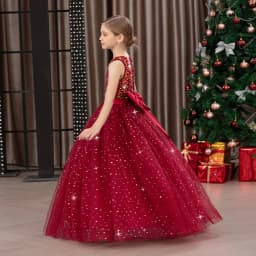 Girls' Long Sparkly Princess Dress – Full Tulle Skirt with Sequin Bodice & Bow, Elegant Flower Girl & Recital Gown for Birthdays