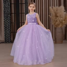 Girls' Long Sparkly Princess Dress – Full Tulle Skirt with Sequin Bodice & Bow, Elegant Flower Girl & Recital Gown for Birthdays