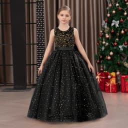 Girls' Long Sparkly Princess Dress – Full Tulle Skirt with Sequin Bodice & Bow, Elegant Flower Girl & Recital Gown for Birthdays