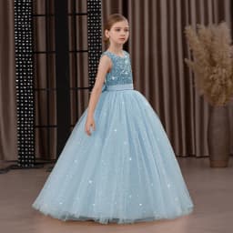 Girls' Long Sparkly Princess Dress – Full Tulle Skirt with Sequin Bodice & Bow, Elegant Flower Girl & Recital Gown for Birthdays