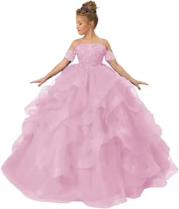 Dress for girls Party Flower Kids Ball Gown Tulle Off Shoulder Children Birthday Wedding Dresses First Communion Gown Clothing