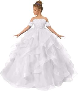 Dress for girls Party Flower Kids Ball Gown Tulle Off Shoulder Children Birthday Wedding Dresses First Communion Gown Clothing
