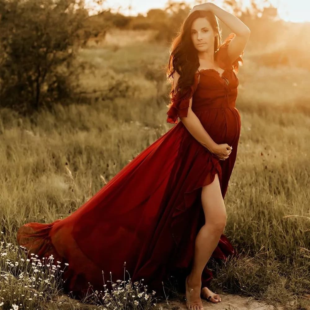 Maternity Photography Studio Costumes Wine Red Elegant Chiffon Dress Photo Shoot Dress For Pregnant Women