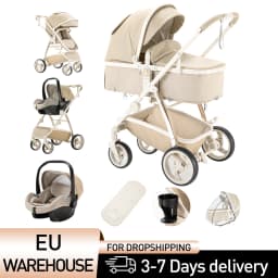3 in 1 Baby Carriage Stroller Portable Luxurious Travel Pram High Landscape Newborn Baby Stroller with Baby Carrier PU Leather