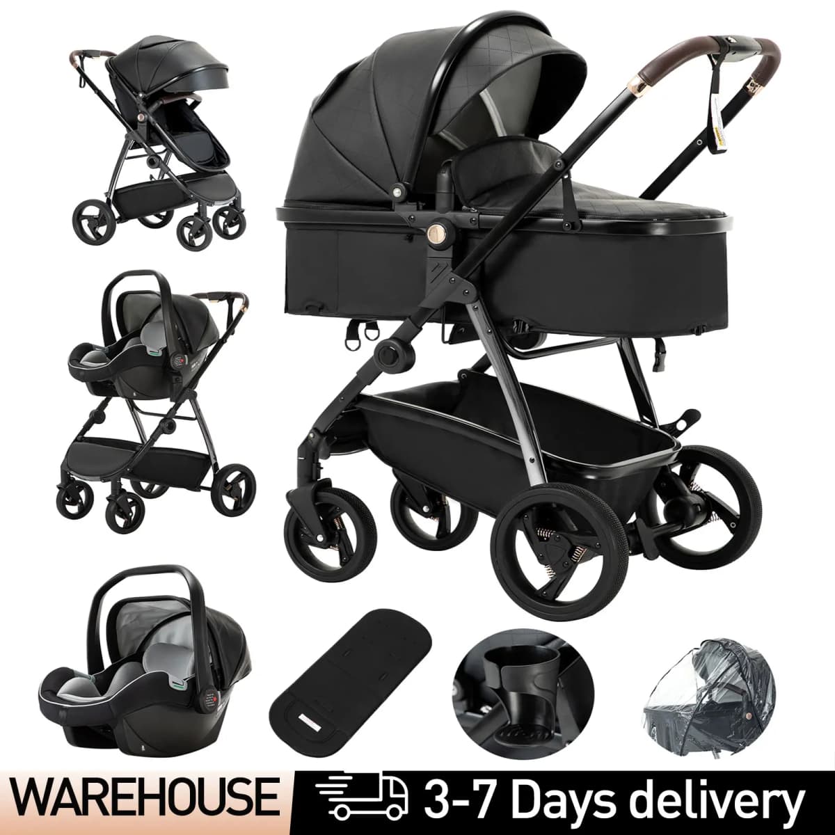 3 in 1 Baby Carriage Stroller Portable Luxurious Travel Pram High Landscape Newborn Baby Stroller with Baby Carrier PU Leather