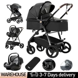 3 in 1 Baby Carriage Stroller Portable Luxurious Travel Pram High Landscape Newborn Baby Stroller with Baby Carrier PU Leather