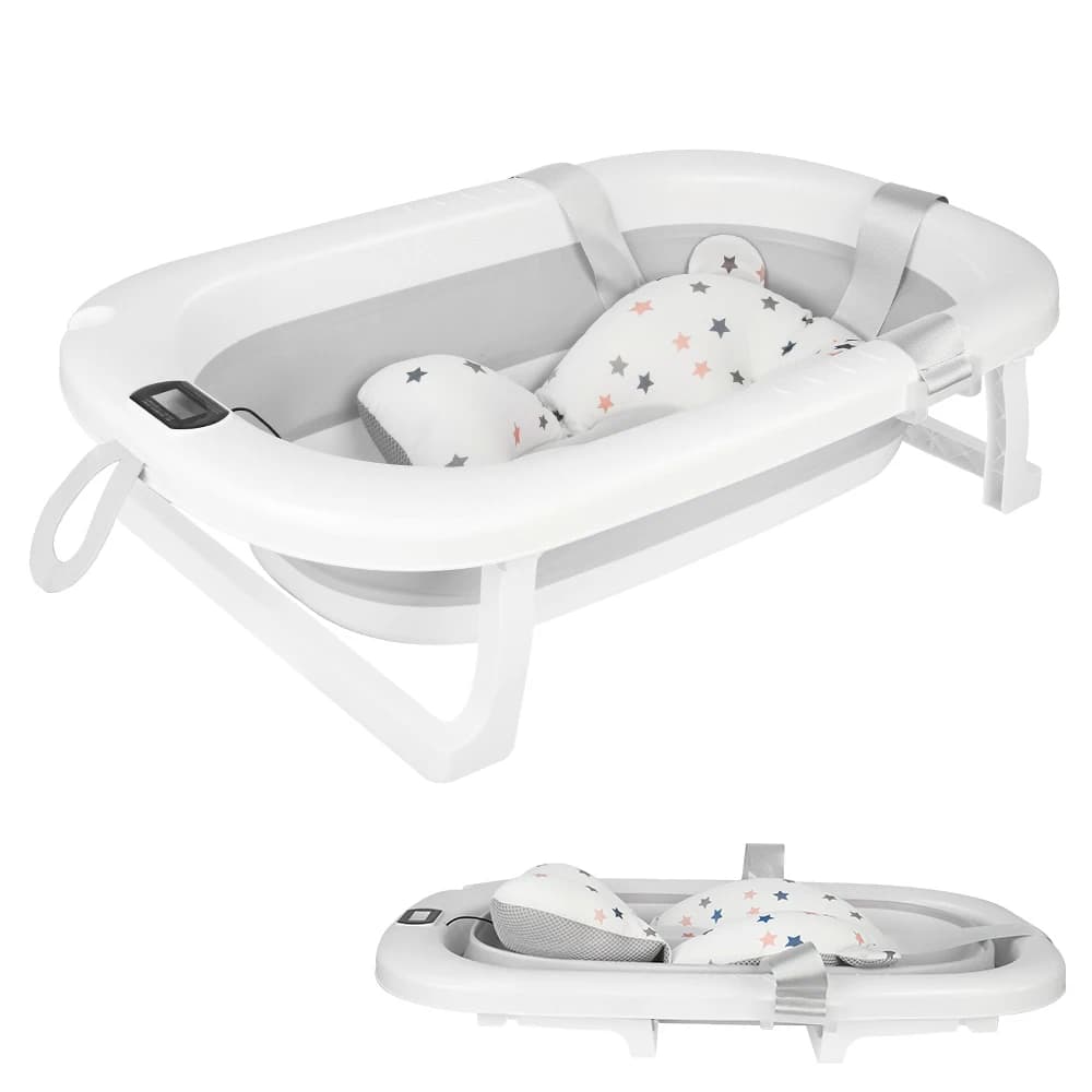 Foldable Baby Bathtub With Bath Mat, Baby Bathtub With Integrated Thermometer, Portable Baby Bathtub For Babies From 0-36 Months