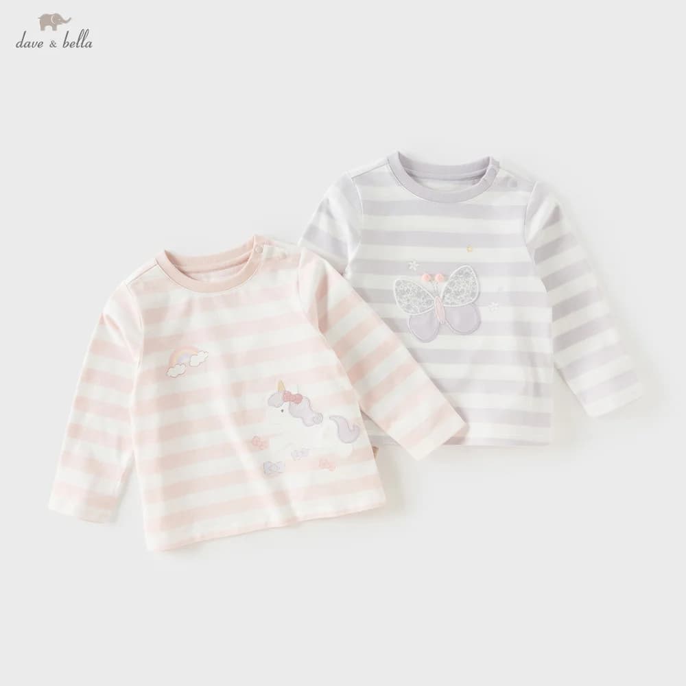 Dave Bella Pure Cotton T-shirt for Children Striped Pullover Top Casual Girls Bottom Top Fashion Soft Butterfly Print DB3262931