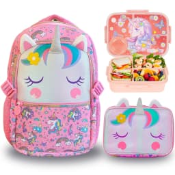 3 Pcs Kids Backpack Set for Girls School Bag, Lightweight Elementary, Large Capacity & Water-Resistant, with Lunch Bag&Lunch Box