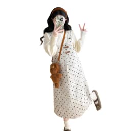 Maternity Suit 2026 Spring Autumn Sweet Cute Loose Comfortable Polka Dot Vest Dress and Sweater Two Piece Set For Pregnant Women