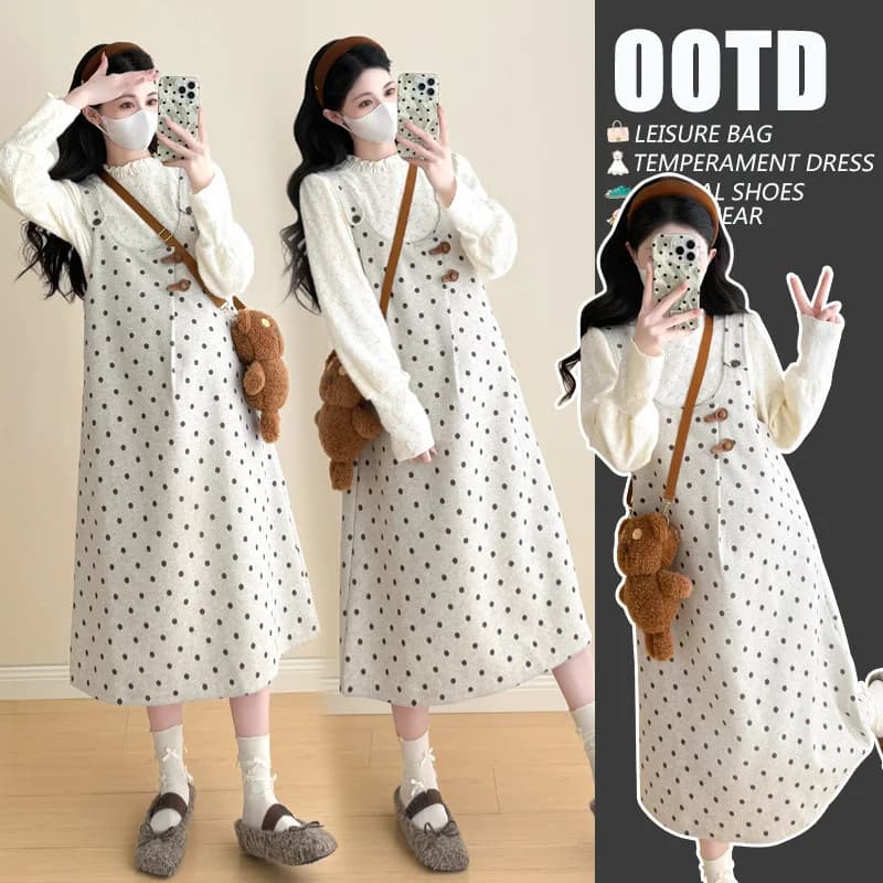 Maternity Suit 2026 Spring Autumn Sweet Cute Loose Comfortable Polka Dot Vest Dress and Sweater Two Piece Set For Pregnant Women