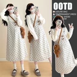 Maternity Suit 2026 Spring Autumn Sweet Cute Loose Comfortable Polka Dot Vest Dress and Sweater Two Piece Set For Pregnant Women