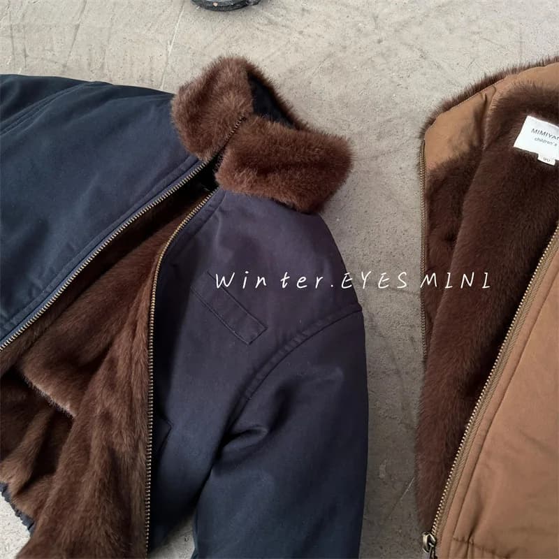 Children's Jacket 2025 Winter New Boys and Girls Solid Color Thickened Zipper Shirt Baby Stand Collar Jacket Trendy
